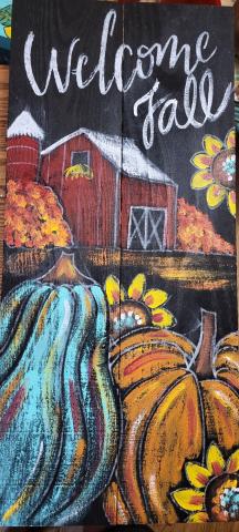 Painting of a red barn with fall pumpkins and with text "Welcome Fall"